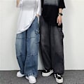 Miniatyrbillede 3 af 5: Mænds Løse Cargo Jeans med Flere Lommer, Ensfarvet, Lynlås, Bred Ben, Efterårs Denim Bukser, Streetwear (2XL Sort)