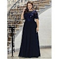 Miniatyrbillede 1 af 5: Ever-Pretty Dame Plus Size Sequin Broderi A-Linje Kortærmet Bryllupsgæstekjole (4XL marineblå)