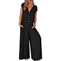 Miniatyrbilde 5 av 5: Kvinners 2024 Sommer Cap Sleeve Jumpsuits Dyp V-hals Knapp Onesie Brede Benklær Rompers L Svart