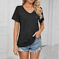 Miniatyrbillede 5 af 5: Dame Skjorter V-hals Kort/Langærmet Bomulds Toppe T-shirt Basic Tees Maskinvask (sort)