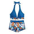 Miniatyrbild 2 av 4: Kvinnors Padded Bikini Set med Lövtryck, Halterneck-BH, Slips-Topp, Hög Midja, Pojk-Shorts, Baddräkt, Sommarstrandkläder (XL Blå)