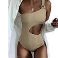 Miniatyrbillede 1 af 5: Dame One Shoulder Stribet Højbenet Badedragt i Ét Stykke Thong Badedragter (S Beige)