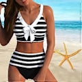 Miniatyrbilde 1 av 4: Dame Skulderstropp Badedrakt med Grå Hvit Stripete Print Bikini Kort Tank Top Badedrakt (S svart)