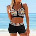 Miniatyrbilde 4 av 4: Badedrakt Bikini 2-delt Badedrakt Ryggløs Halter Strandklær Blå Broderte Bølger Trykk Badebekledning for Kvinner (2XL lyseblå)