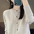 Miniatyrbillede 3 af 5: Forår og efterår dame cardigan ensfarvet rund hals enkeltknappet strikket bund dame sweater jakke (L camel)
