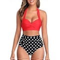 Pikkukuva 1 / 5: Naisten Vintage-tyylinen Bikiniuimapuku, jossa röyhelöinen korkea vyötärö, kaksiosainen setti nauhoituksella, röyhelöiset bikinit ja 3/4 uimapuku (Medium Red Dot)