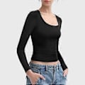 Miniatyrbillede 4 af 5: Dame Bottoming Toppe Scoop Hals Langærmet Slim Fit Pullover Toppe Ensfarvet Høj (XL hvid)
