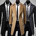 Miniatyrbilde 2 av 5: Fianao Lang Trenchcoat Dobbelknappet Ensfarget Høst Vinter Vindtett Tykk Jakke (4XL Khaki)