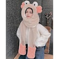Miniatyrbilde 3 av 5: Vintervarm 3-i-1 Fuzzy Plush Hetteskjerf, Hatt og Hansker Sett Tegneserie Store Øyne Ører Kontrastfarge Vindtett Øreklaffhette Lommevotter (Beige)