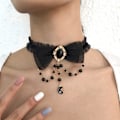 Miniatyrbillede 2 af 5: (Sort)Gotisk sort sløjfe slips halskæder til kvinder piger blonder choker halskæde perler måne vedhæng halskæde til Halloween Bl