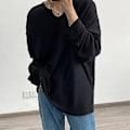 Miniatyrbillede 5 af 5: Mænd Forår Efterår O-Hals Langærmet Trøje Solid Farve Løstsiddende Waffle Struktur T-shirt Streetwear (2XL Sort)