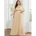 Miniatyrbillede 1 af 5: Ever-Pretty Dame Plus Size Sequin Broderi A-Linje Kortærmet Bryllupsgæstekjole (4XL guld)