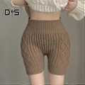 Miniatyrbillede 3 af 5: Dame Vinter Shorts med Bund Strikket Høj Talje Elastisk Ensfarvet Hold Varmen Anti-eksponering Basis Shorts til Daglig Brug Hjemme Og Mere (sort)