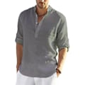 Miniatyrbillede 3 af 5: Ny Mænds Afslappet Blouse Bomuld Linned Skjorte Løse Toppe Langærmet T-shirt Forår Efterår Afslappet Handsome Mænds Skjorter 3XL 100-110KG Grøn