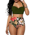 Miniatyrbillede 1 af 2: Dame Print Polstret Bikini Sæt Sexy BH Top Højtaljet Briefs Badetøj Sommer Strand Ferie Badetøj Badetøj (3XL Army Grøn)