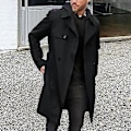 Miniatyrbilde 4 av 5: Høst- og vinterjakke for menn i ensfarget vindjakke med revers, lange ermer, dobbeltknappet, lommer, belte, smal passform, lang frakk, streetwear (M svart)