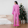 Pikkukuva 3 / 4: Naisten höyhenkoristeinen pyjamasetti pitkähihainen napitettava yläosa ja housut 2 osaa Lounge Set Satiini Pjs Pyjamas Yöasu (L Rose Red Snowflake)