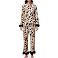 Miniatyrbilde 1 av 4: Kvinners Pysjamassett med Fjærkant, Lang Erme, Knappestopp, Todelt Lounge-sett, Satin Pjs, Pyjamas, Nattøy (L Leopard)
