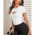 Miniatyrbilde 3 av 4: Kvinner Cutout Front Topp Korte Ermer Bodycon Slim Fit Ren Farge Pustende Pullover T-skjorter (XL Hvit)