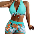 Miniatyrbillede 1 af 4: Dame Badetøj Bikini Sæt med Bladprint, Halterneck BH med Sløjfe, Højtaljet Shorts, Sommer Strandtøj (L Søblå)