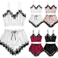 Miniatyrbild 4 av 4: Dam Underkläder Spets Silke Satin Cami Linne Toppar Shorts Pyjamas Set Sovkläder Nattkläder -NMAOV(2XL Vit)