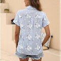 Miniatyrbilde 5 av 5: Dame Bomull Lin Skjorte Nedfelt Krage Enkelkneppet Bluse Hvit Gul Blå Topper Sommer Kort Erme Blomsterprint Skjorter (XL gul)