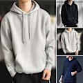 Miniatyrbilde 2 av 5: Hettegenser for menn med lange ermer, hette, snor, slitesterk, ensfarget, pullover, elastiske mansjetter, høstgenser (XL grå)