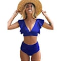 Miniatyrbillede 2 af 5: QQDD Dame Flæse Høj Talje Badedragt Todelt Push Up Tropisk Print Bikini (S Blå)