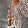 Miniatyrbild 2 av 5: Dam Vår Höst Topp V-ringning Oregelbunden Fåll Mellanlång Långärmad Lös Casual Pullover Blommönster Färgmatchning Plus Size Dam T-shirt (4XL guld)