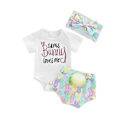Miniatyrbillede 1 af 5: Baby Påskefest Outfit Kortærmet Romper Kaninhal Bloomers Sløjfe Hårbånd Sæt Spædbarn Fotografering Kostume (12-18 Måneder)