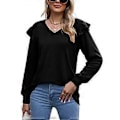 Miniatyrbillede 1 af 5: Løs afslappet flyveærme flæse V-hals langærmet T-shirt sort (XL)