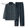 Miniatyrbillede 1 af 5: 2 stk./sæt Herre Pyjamas Sæt Plaid Print Revers Langærmet Enkeltknappet Skjorte Elastisk Talje Lange Bukser Sæt Løs Pasform Loungewear Sæt (XL mørkegrøn)