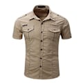 Miniatyrbilde 1 av 5: Fianao Herre Skjorte Ensfarget Enkel Avslappet Nedfellbar Krage Klafflommer Sommerskjorte Daglig Klær (3XL Khaki)