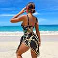 Miniatyrbillede 4 af 5: One Piece badedragt med cover up sæt - Bohofeel Chain Print Push Up badedragter med strand nederdel Sexy badetøj  XL sort