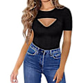 Miniatyrbillede 2 af 4: Kvindes Bluser med Udsnit Foran Kortærmet Bodycon Slim Fit Ren Farve Åndbar Trøje (XL Sort)