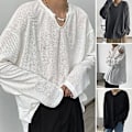 Miniatyrbillede 2 af 5: Mænd Forår Efterår O-Hals Langærmet Trøje Solid Farve Løstsiddende Waffle Struktur T-shirt Streetwear (2XL Sort)