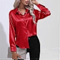 Miniatyrbild 1 av 5: Vår Höst Satin Blus Imitationssilke Långärmad Skjorta för Dam Plus Size Lösa Toppar (M röd)