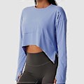 Miniatyrbillede 3 af 5: Kvinders Langærmet Træningsskjorte Løstsiddende Tommelhul Flowy Strækbar Yoga Atletisk Casual Top (XL Blå)
