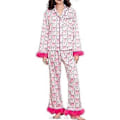 Miniatyrbild 1 av 3: Dam Pyjamas Set med Fjäderkant Långärmad Knappuppslagen Topp Byxor 2-delad Loungeset Satin PJs Pyjamas Nattkläder (XL Rosa)