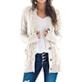 Miniatyrbillede 1 af 5: Dame Langærmet Kabelstrikket Cardigan med Lomme Casual Frakke Ensfarvet (S Beige)