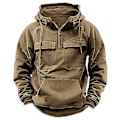 Miniatyrbillede 1 af 5: Mænd Efterår Vinter Hoodie Snøretræk Solid Farve Løse Lommer Langærmet Stor Patch Lomme Halv Lynlås Elastisk Manchet Mænd Trøje (2XL Khaki)