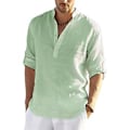 Miniatyrbillede 5 af 5: Ny Mænds Afslappet Blouse Bomuld Linned Skjorte Løse Toppe Langærmet T-shirt Forår Efterår Afslappet Handsome Mænds Skjorter 3XL 100-110KG Grøn