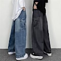 Miniatyrbillede 4 af 5: Mænds Løse Cargo Jeans med Flere Lommer, Ensfarvet, Lynlås, Bred Ben, Efterårs Denim Bukser, Streetwear (2XL Sort)