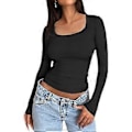 Miniatyrbillede 1 af 5: Dame Bottoming Toppe Scoop Hals Langærmet Slim Fit Pullover Toppe Ensfarvet Høj (M sort)