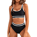 Miniatyrbillede 5 af 5: Badedragt til kvinder med høj talje - Bikinisæt med sporty todelt badedragt - Farveblok - Cheeky High Cut badedragt - L - Sort