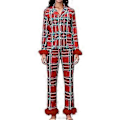 Miniatyrbild 1 av 4: Dam Pyjamas Set med Fjäderkant Långärmad Knappuppslagen Topp Byxor 2-delad Loungeset Satin PJs Pyjamas Nattkläder (2XL Röd Rutiga)