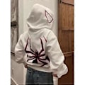 Miniatyrbillede 2 af 5: Hættetrøje med mørkt edderkop-print, løs, retro, hiphop, punk, kpop-dans, vintertøj, langærmet top (2XL Hvid)
