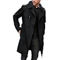 Miniatyrbilde 1 av 5: HERRER Vindjakke Høst Vinter Ensfarget Lapel Lang Erme Dobbel Bryst Lommer Belte Slank Passform Lang Frakk Streetwear (2XL Svart)