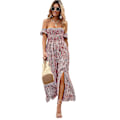 Miniatyrbillede 1 af 2: Kvinders Boho Blomsterprint Off Shoulder Split Lang A-Linje Kjole（XXL Pink）
