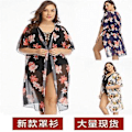 Miniatyrbillede 2 af 4: Piges badedragt bluse mesh blomsterprint sexet lang dame strand cover-up dame badetøj Sort baggrund med orange mønster